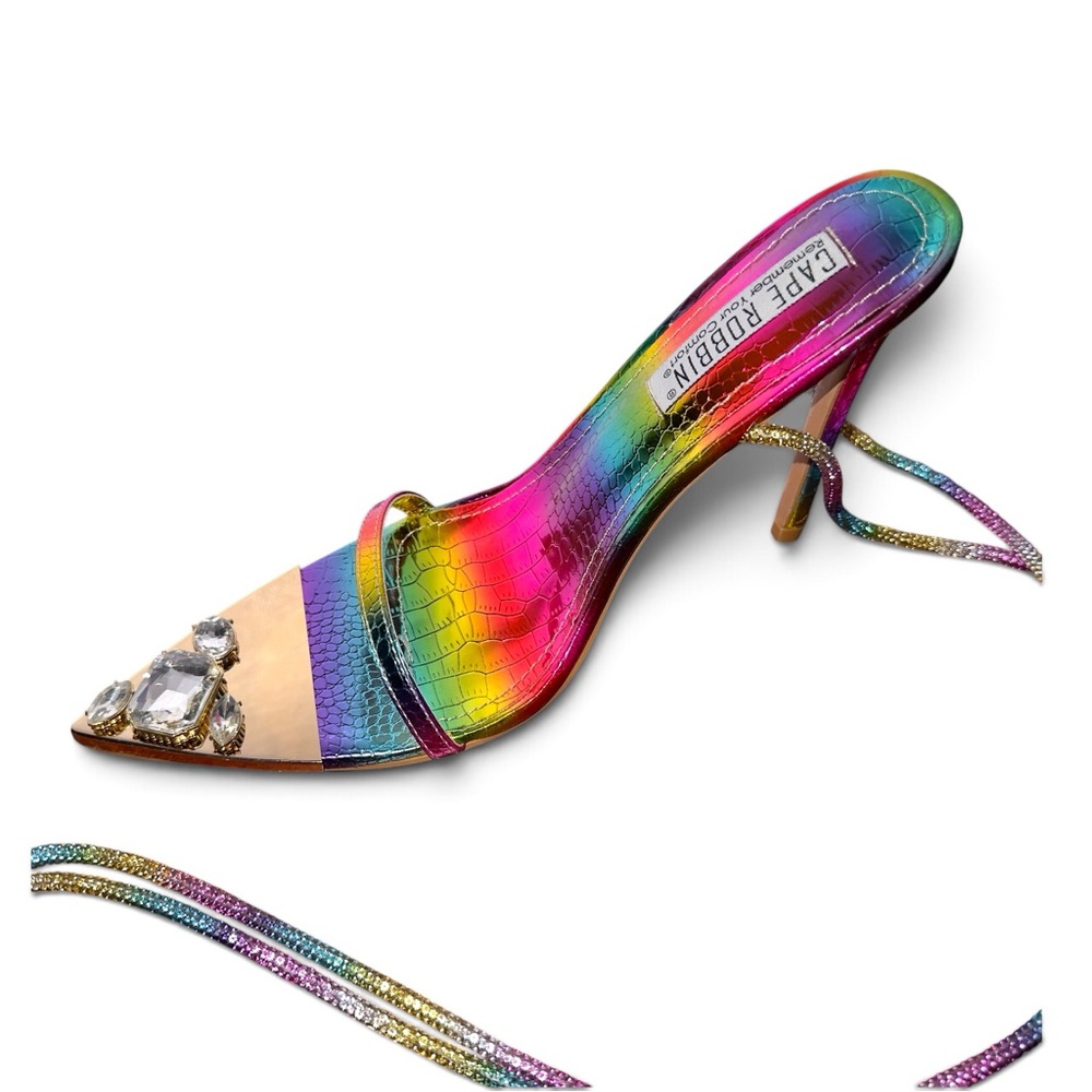 Rainbow Rhinestone Knee High Croc Snake Stiletto Crystal Wrap Heels Size 7.5